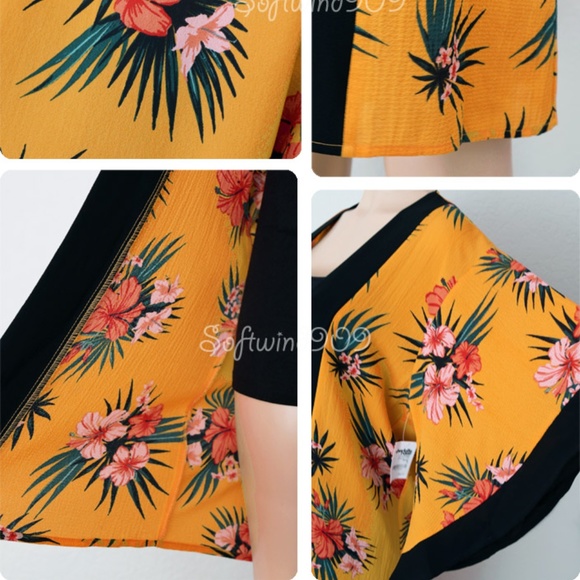 Mustard Yellow Tropical Floral Cover Up Kimono Top - Picture 7 of 8